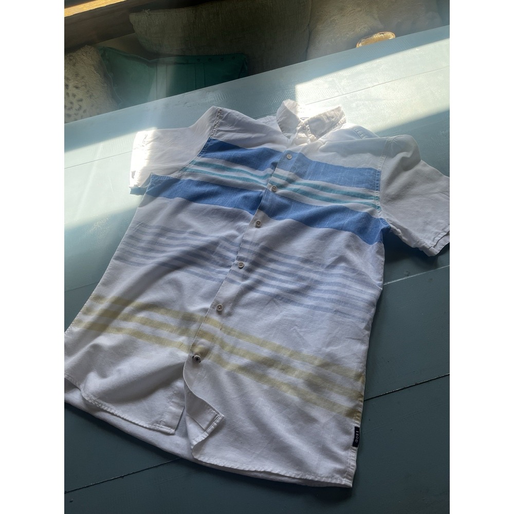 Mens IZOD Coastal Stripe Button Front Shirt Blue White Resort Summer Medium Top